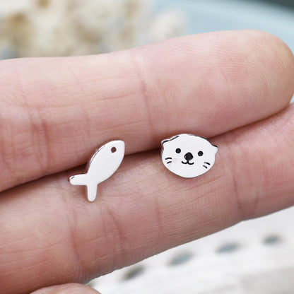 Mismatched Otter and Fish Stud Earrings in Sterling Silver - Asymmetric Cute Animal Earrings - Fun, Whimsical Earrings