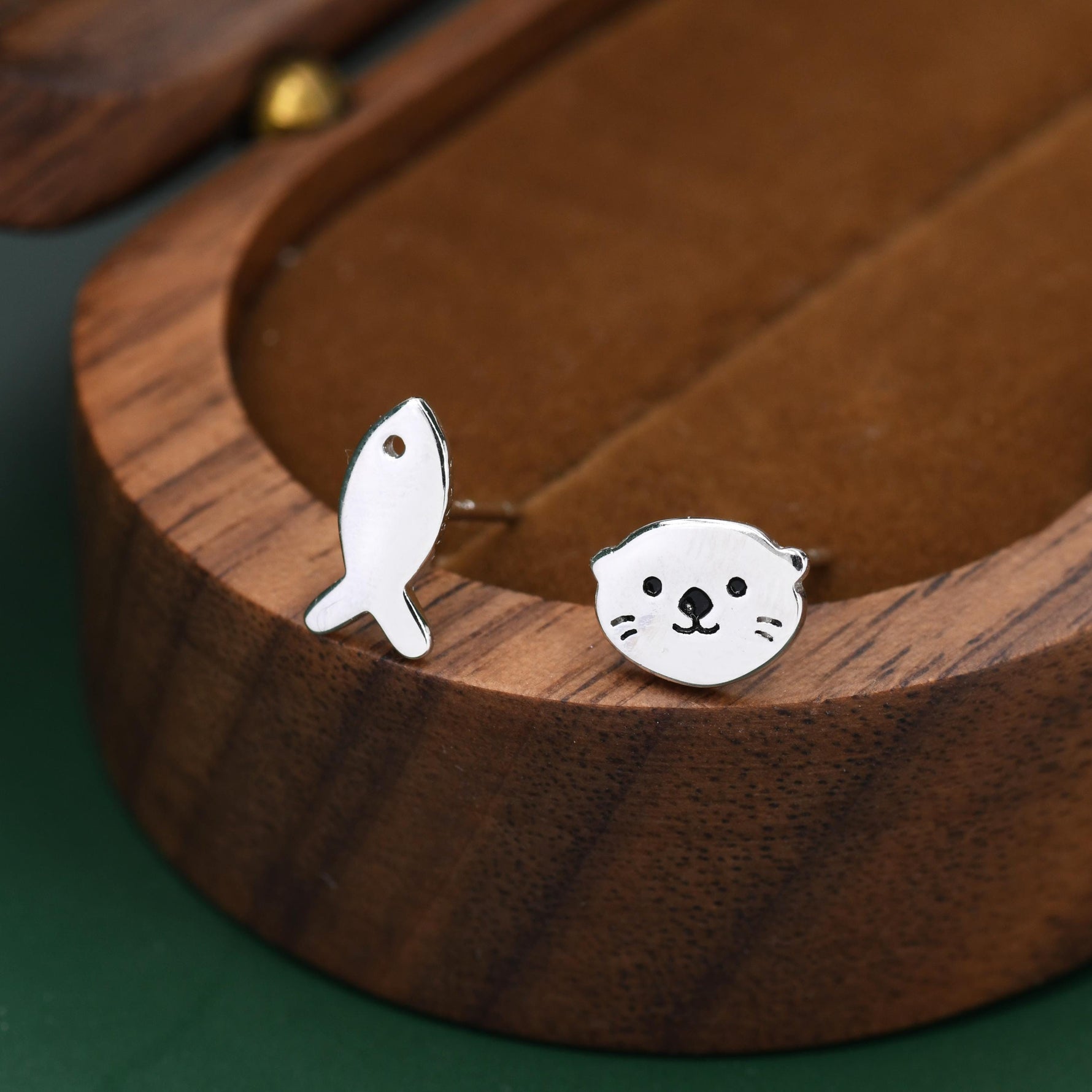 Mismatched Otter and Fish Stud Earrings in Sterling Silver - Asymmetric Cute Animal Earrings - Fun, Whimsical Earrings