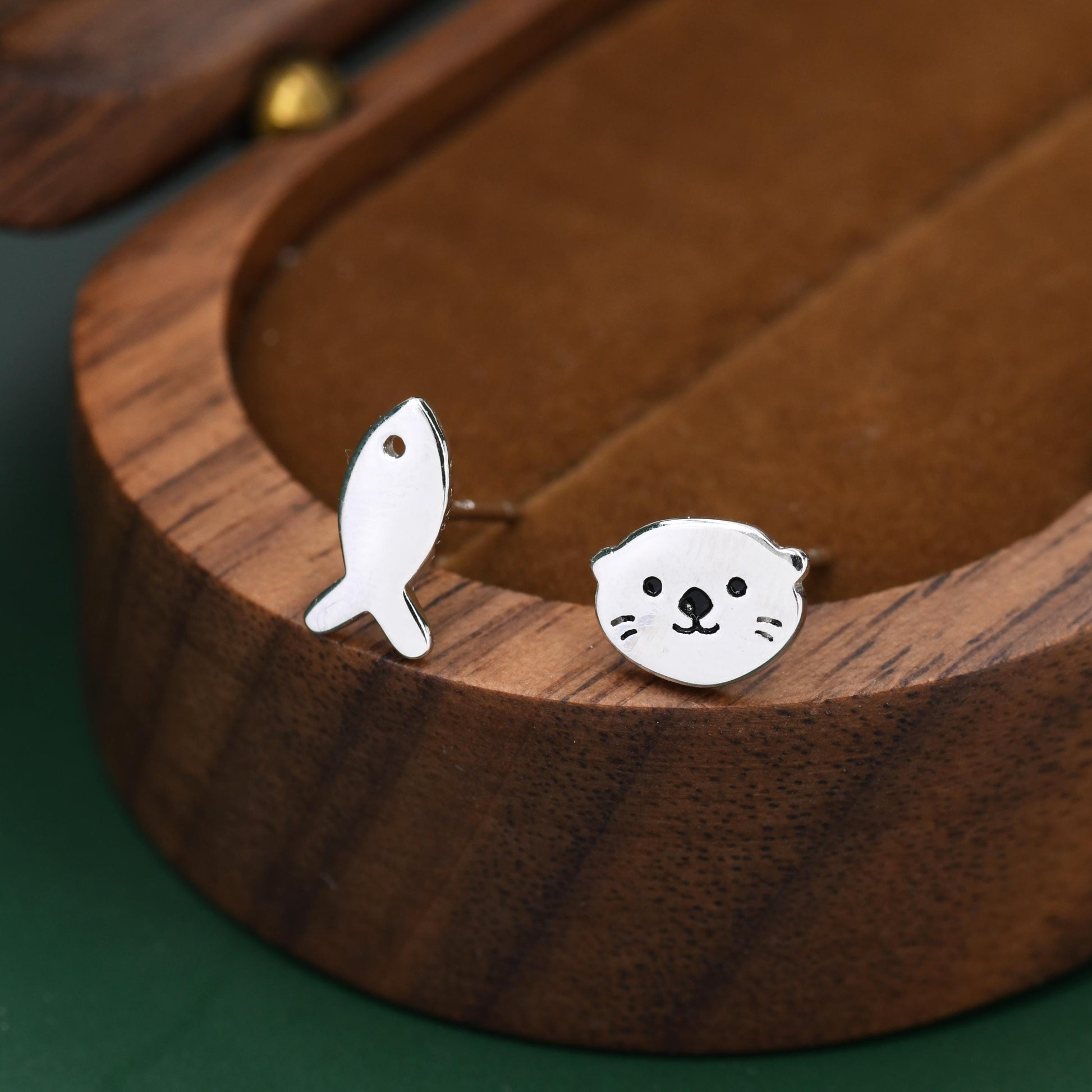 Mismatched Otter and Fish Stud Earrings in Sterling Silver - Asymmetric Cute Animal Earrings - Fun, Whimsical Earrings