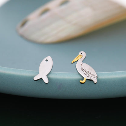 Mismatched Pelican Bird and Fish Stud Earrings in Sterling Silver, Partial Gold Plate, Nature Inspired Animal Earrings, Pelican Earrings,