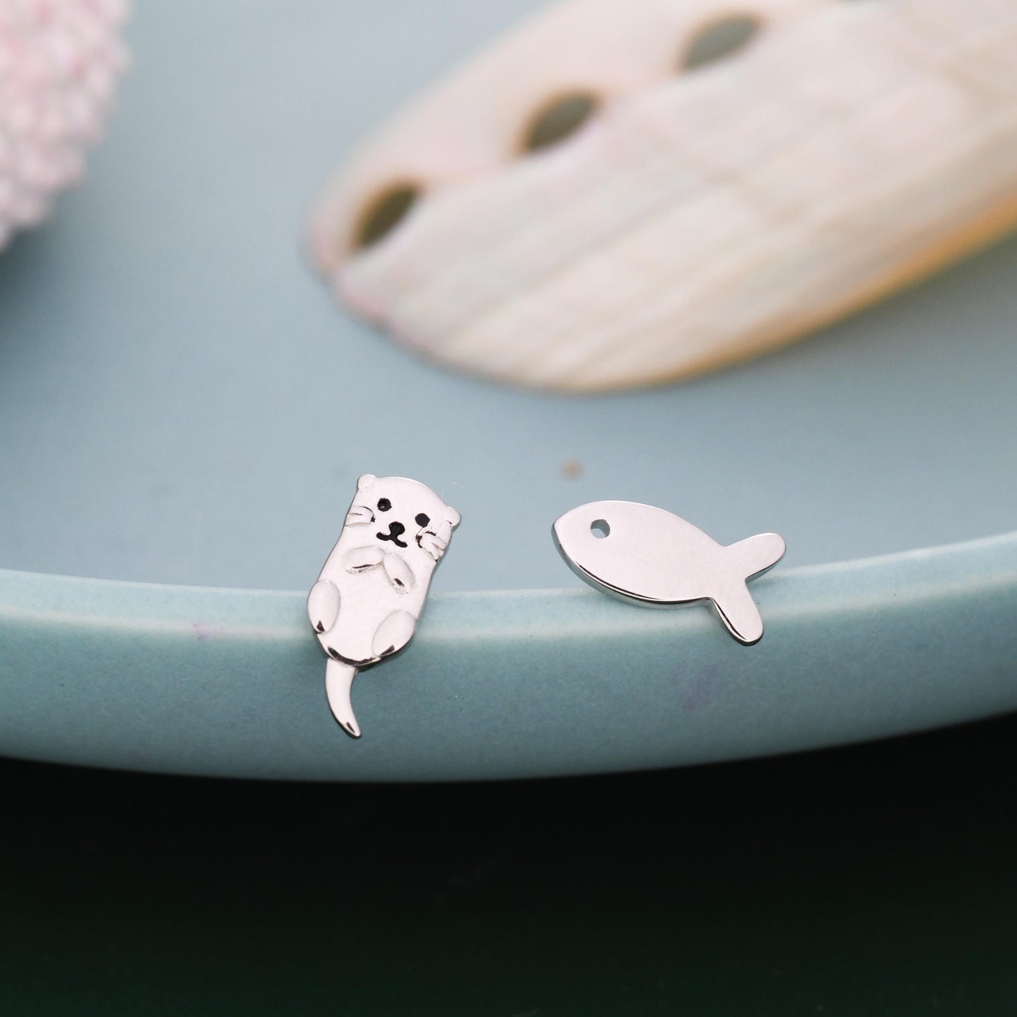 Mismatched Otter and Fish Stud Earrings in Sterling Silver  - Gold or Rose Gold, Asymmetric Cute Animal Earrings -  Fun, Whimsical Earrings