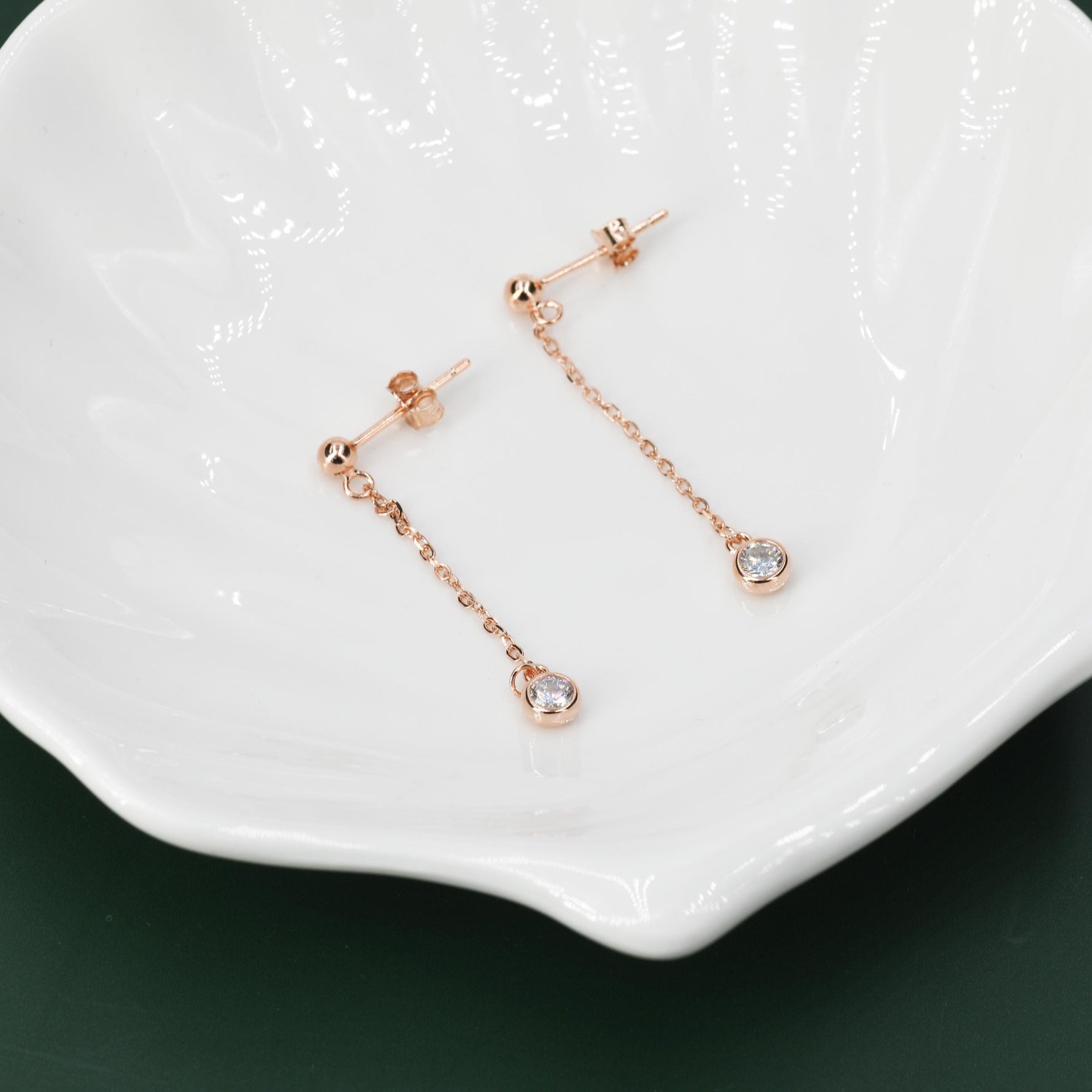 Clear CZ with Chain Dangle Stud Earrings in Sterling Silver, Silver or Gold or Rose Gold, CZ Drop Earrings