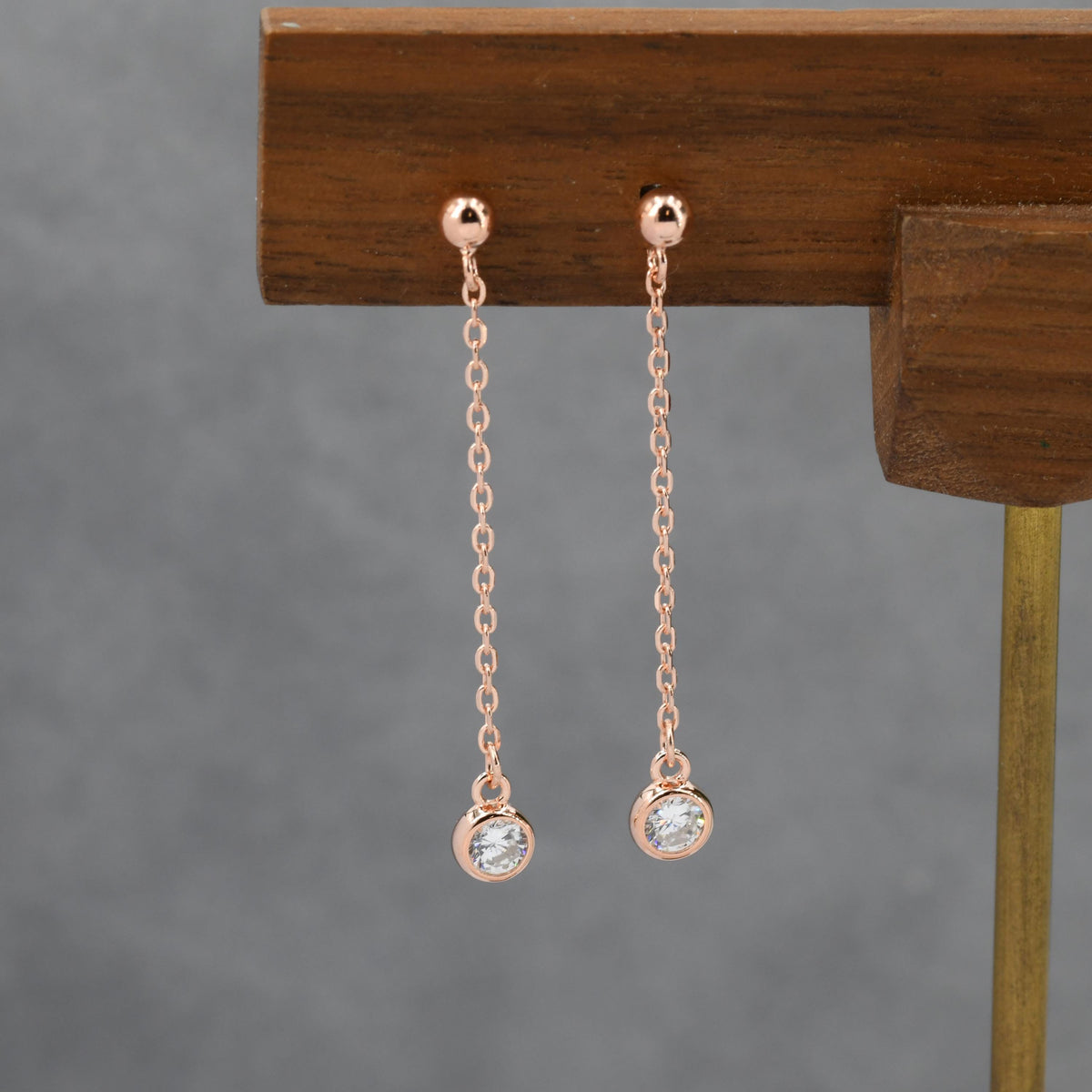 Clear CZ with Chain Dangle Stud Earrings in Sterling Silver, Silver or Gold or Rose Gold, CZ Drop Earrings