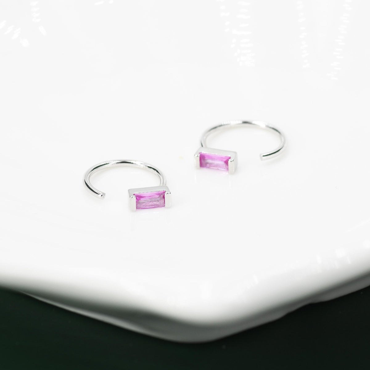 Tiny Pink Baguette Cut CZ Huggie Hoop Earrings in Sterling Silver, Silver or Gold, Open Hoops, Pull-Through Threader Earrings, Ruby Red