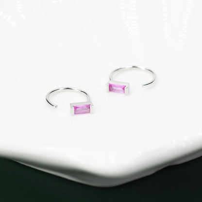 Tiny Pink Baguette Cut CZ Huggie Hoop Earrings in Sterling Silver, Silver or Gold, Open Hoops,  Pull-Through Threader Earrings, Ruby Red