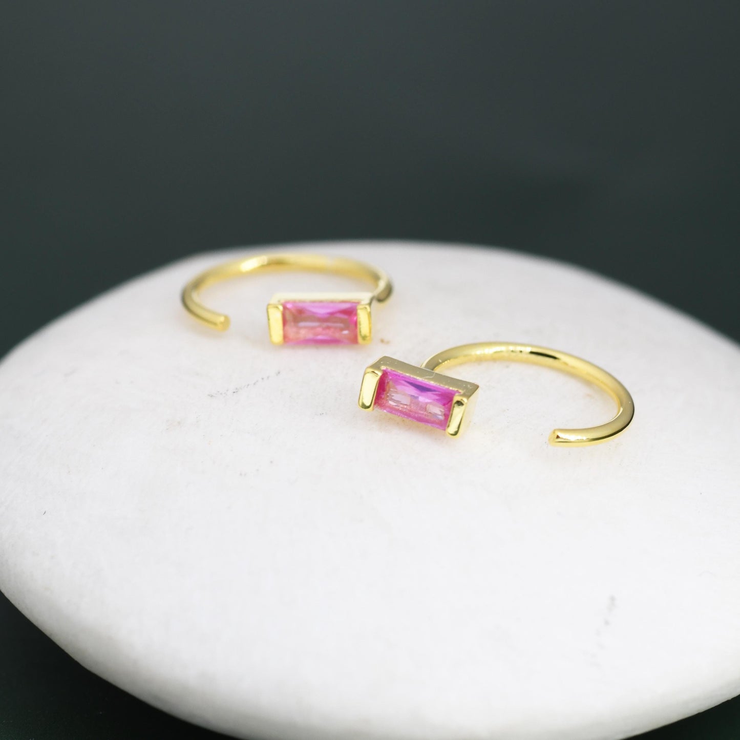 Tiny Pink Baguette Cut CZ Huggie Hoop Earrings in Sterling Silver, Silver or Gold, Open Hoops,  Pull-Through Threader Earrings, Ruby Red