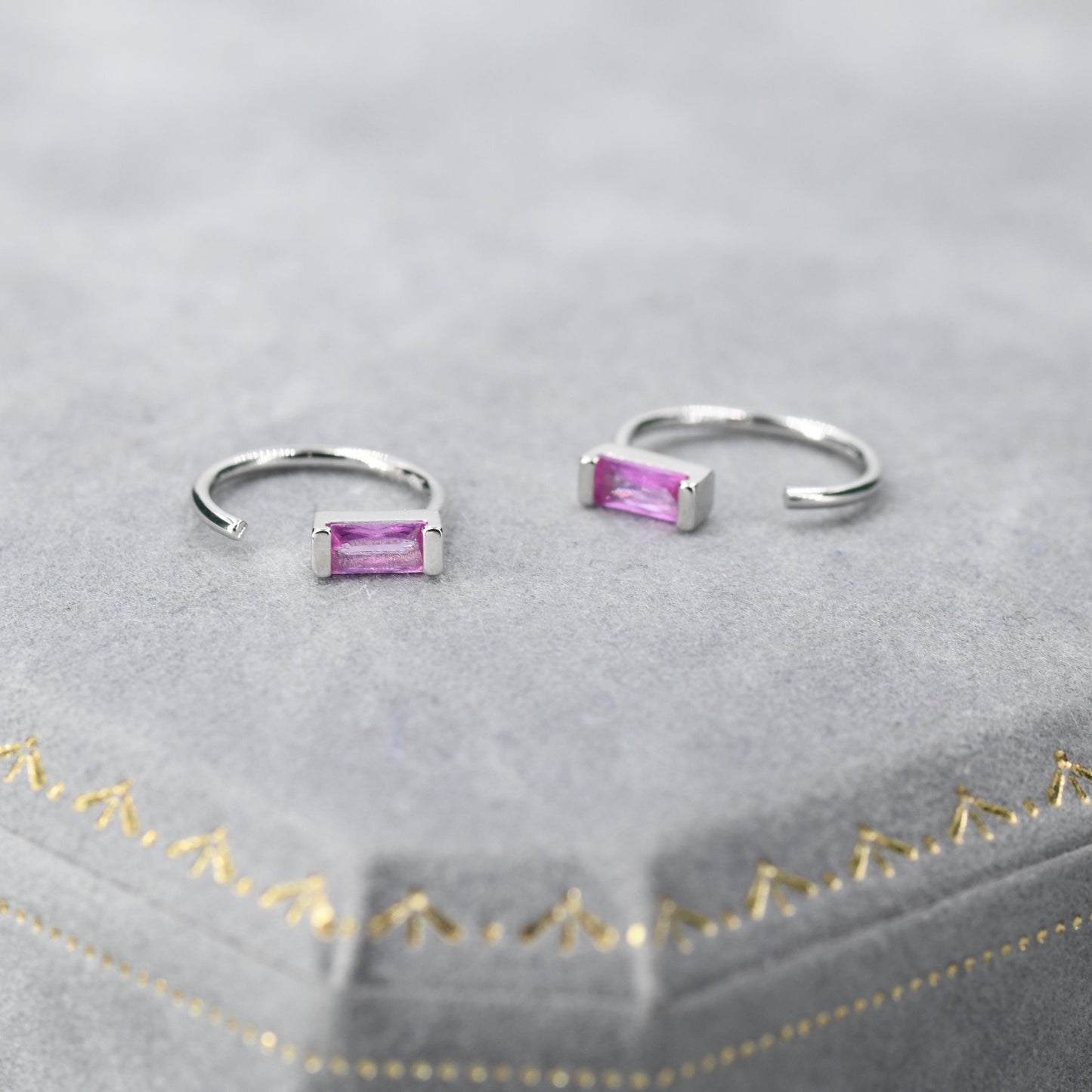 Tiny Pink Baguette Cut CZ Huggie Hoop Earrings in Sterling Silver, Silver or Gold, Open Hoops,  Pull-Through Threader Earrings, Ruby Red