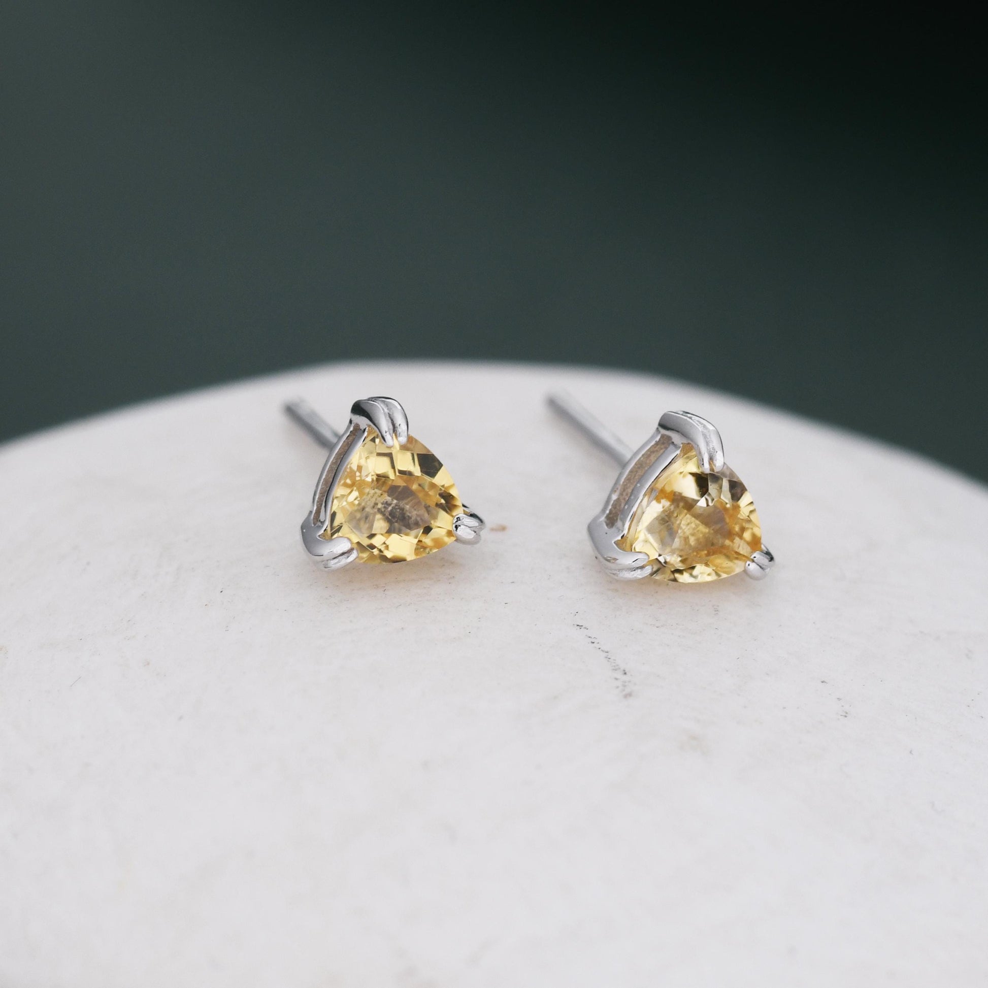 Genuine Yellow Citrine Crystal Stud Earrings in Sterling Silver, Silver or Gold, Trillion Cut Citrine Earrings, Double Pronged