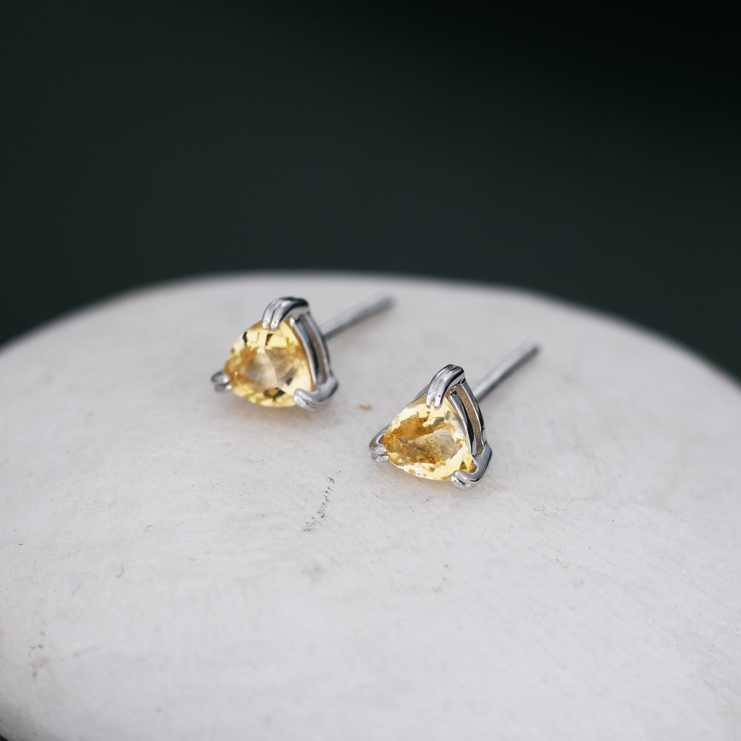 Genuine Yellow Citrine Crystal Stud Earrings in Sterling Silver, Silver or Gold, Trillion Cut Citrine Earrings, Double Pronged
