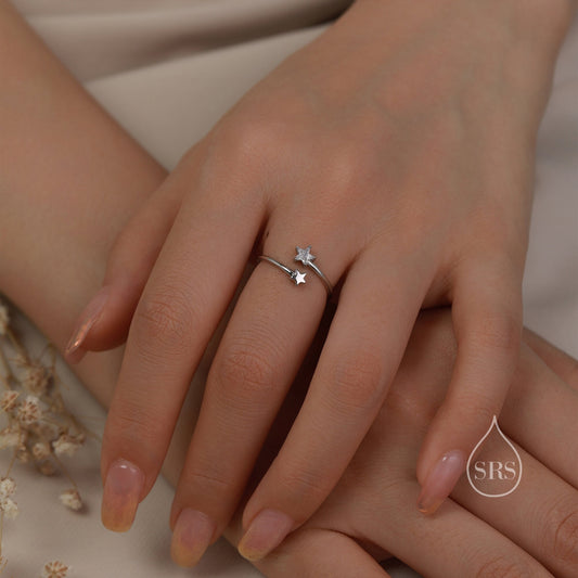 Double Star Open Ring in Sterling Silver, Adjustable, Star Ring, Celestial Jewellery, Stars