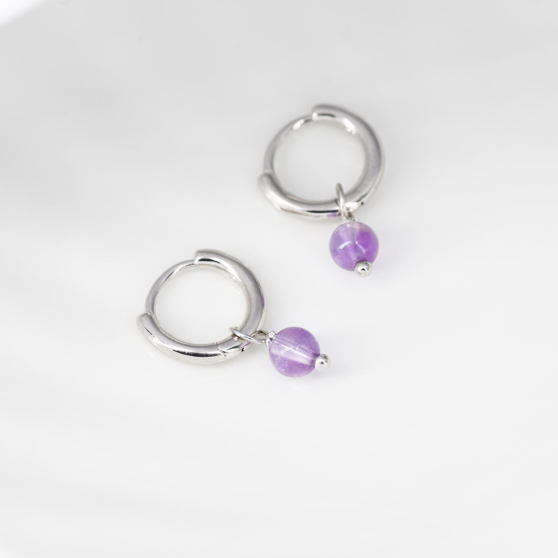 Sterling Silver Natural Lilac Purple Amethyst Bead Huggie Hoop Earrings, Minimalist Purple Amethyst Dangle Hoop Earrings