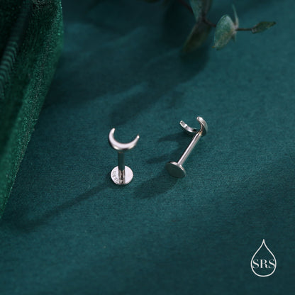 Internally Threaded Flat Back Tiny Moon Earrings in Sterling Silver, Silver or Gold or Rose Gold, Also available in Ball Screw Back Earrings