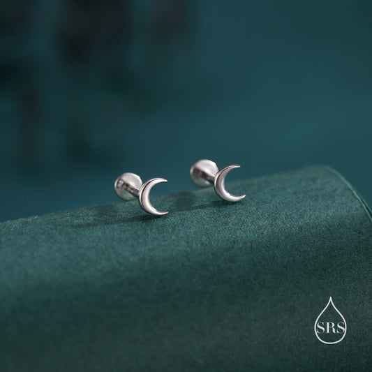 Tiny Moon Earrings – Internally Threaded Flat Back or Screw Back or Stud, Sterling Silver, Gold or Rose Gold
