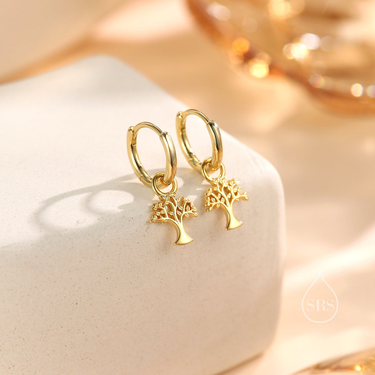 Sterling Silver Tree Charm Huggie Hoops, Silver or Gold or Rose Gold, Detachable Tree Hoop Earrings, Tree Charm Dangle Earrings,