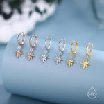 Starburst Huggie Hoop Earrings in Sterling Silver, Silver or Gold or Rose Gold, North Star Charm Earrings, Sunburst Earrings, Celestial