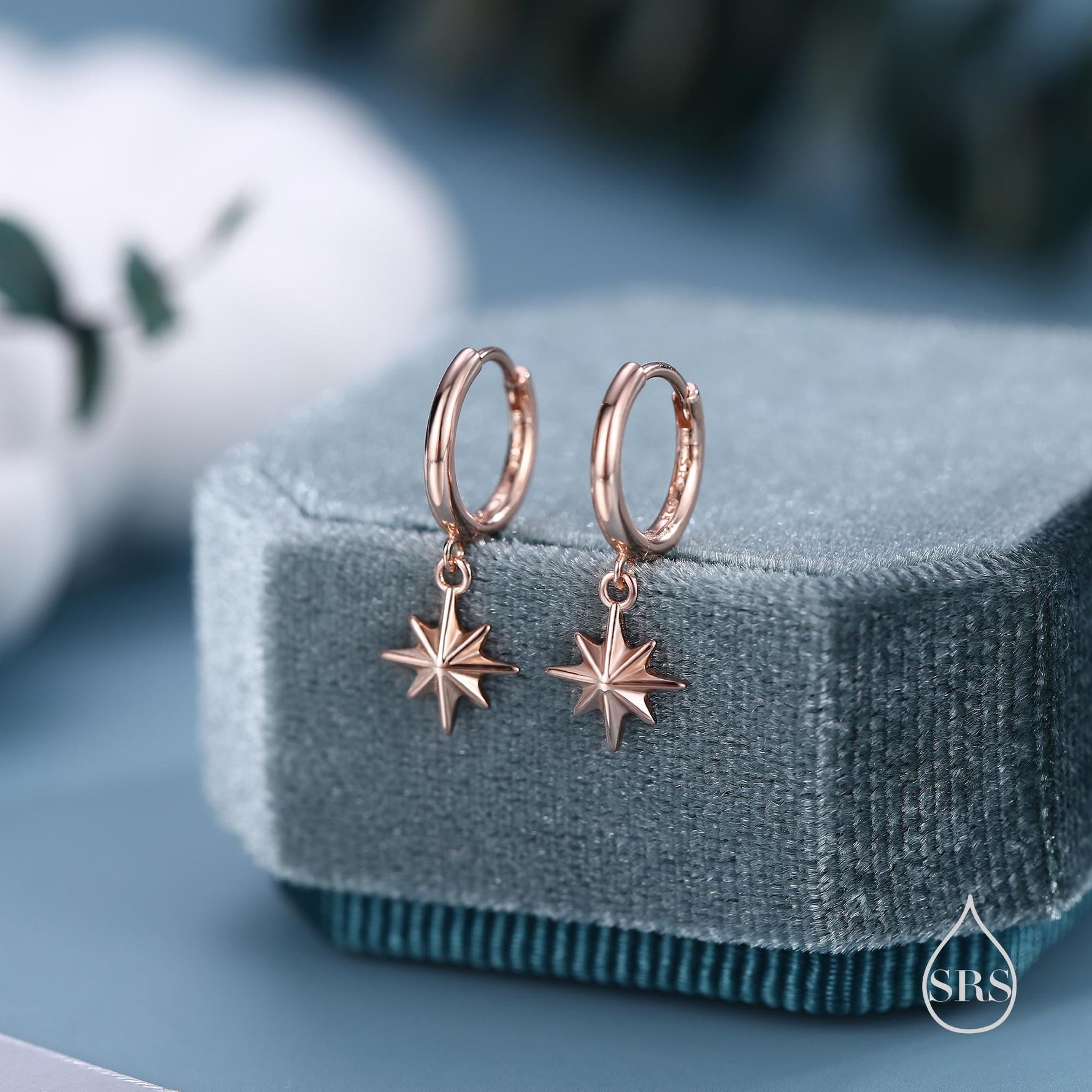 Starburst Huggie Hoop Earrings in Sterling Silver, Silver or Gold or Rose Gold, North Star Charm Earrings, Sunburst Earrings, Celestial