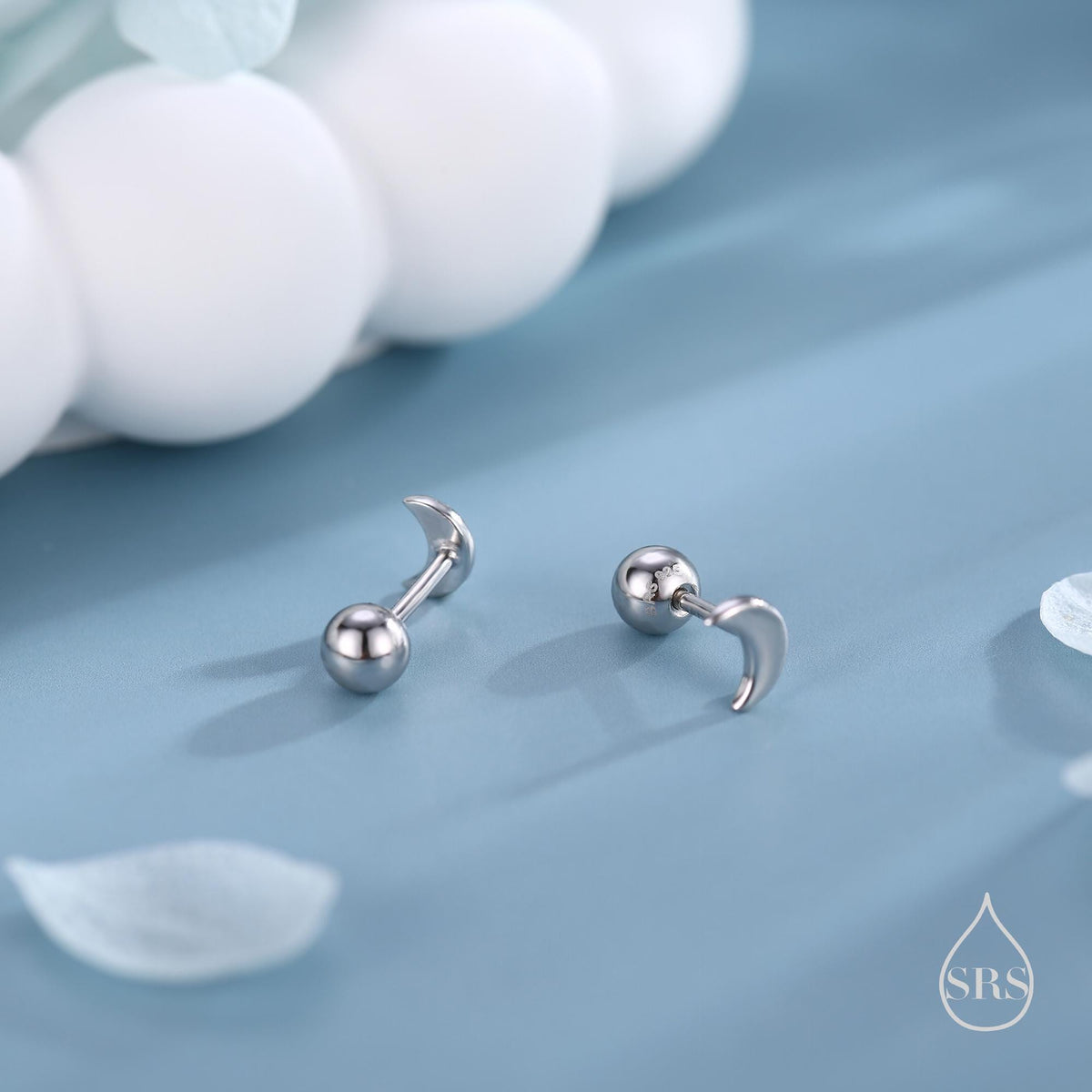 Tiny Crescent Moon Barbell Earrings in Sterling Silver, Screw back Moon Earrings, Celestial Earrings