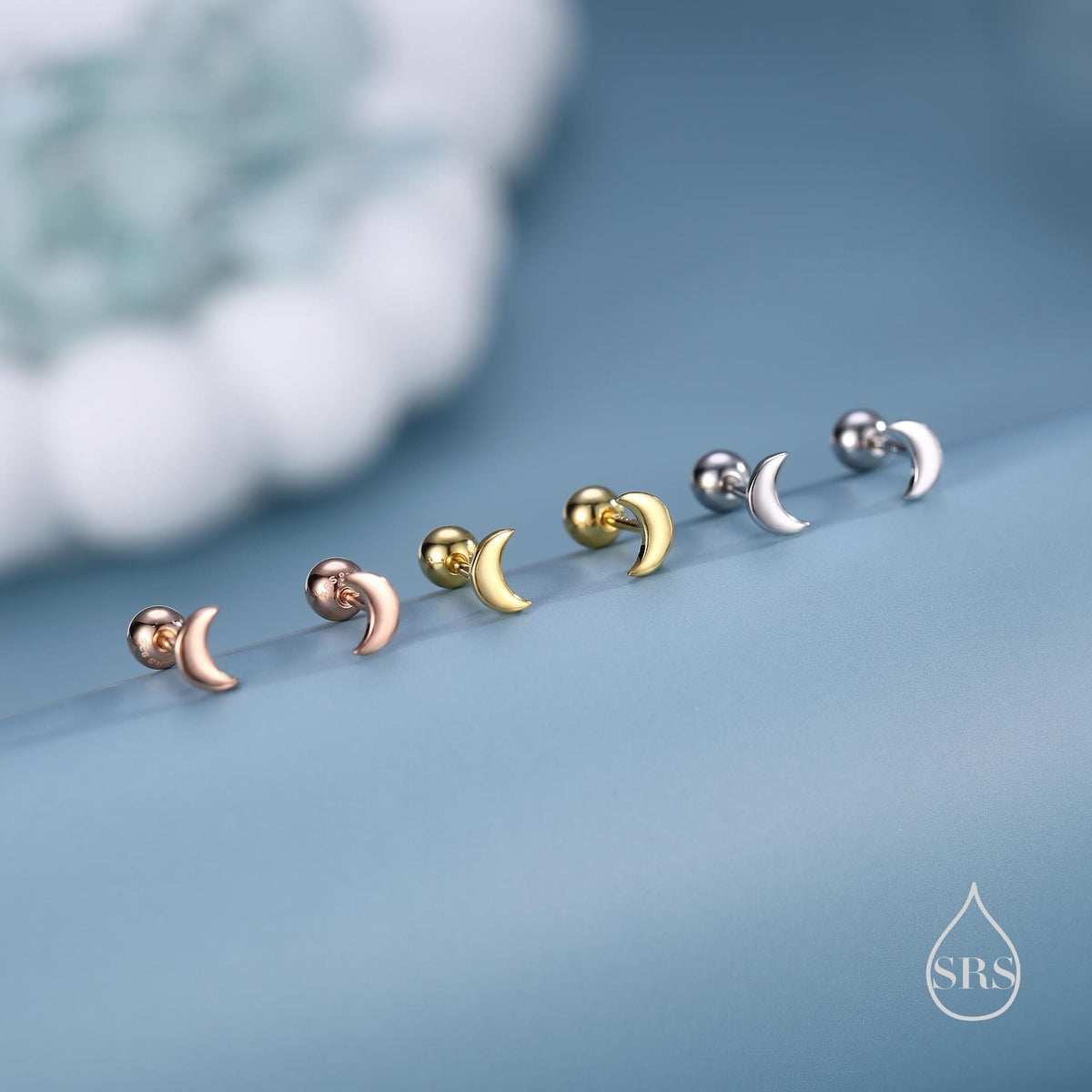 Tiny Crescent Moon Barbell Earrings in Sterling Silver, Screw back Moon Earrings, Celestial Earrings