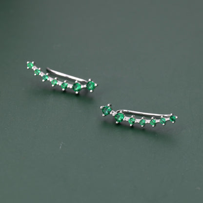 Sterling Silver Emerald Green CZ Ear Crawler Earrings, Silver Green CZ Climber Earrings, CZ Ear Climbers