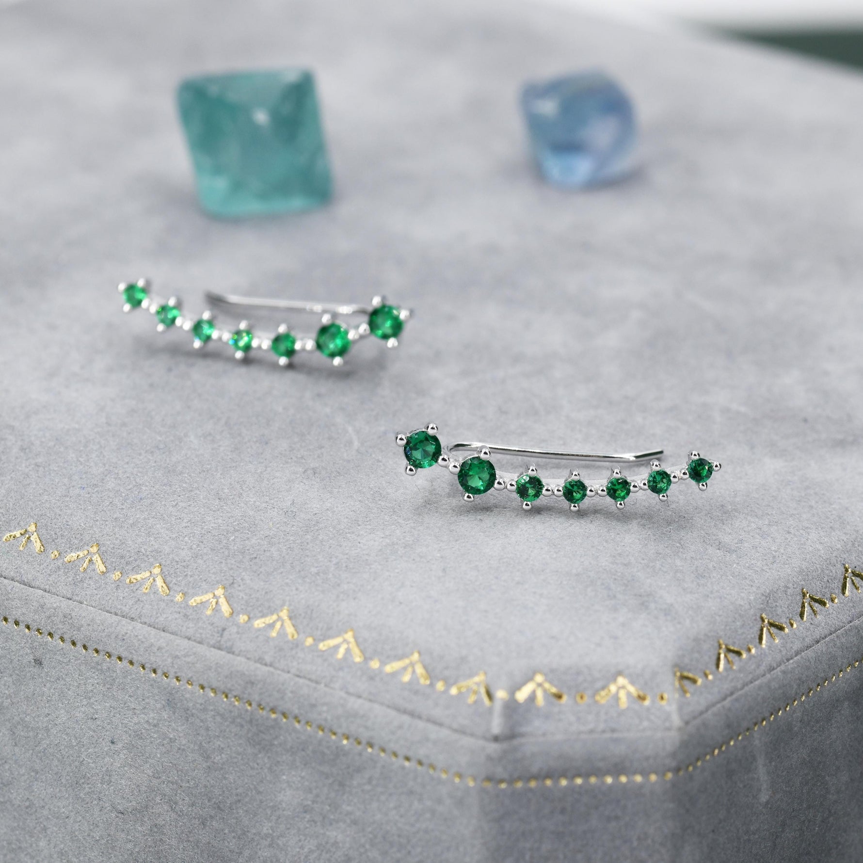 Sterling Silver Emerald Green CZ Ear Crawler Earrings, Silver Green CZ Climber Earrings, CZ Ear Climbers