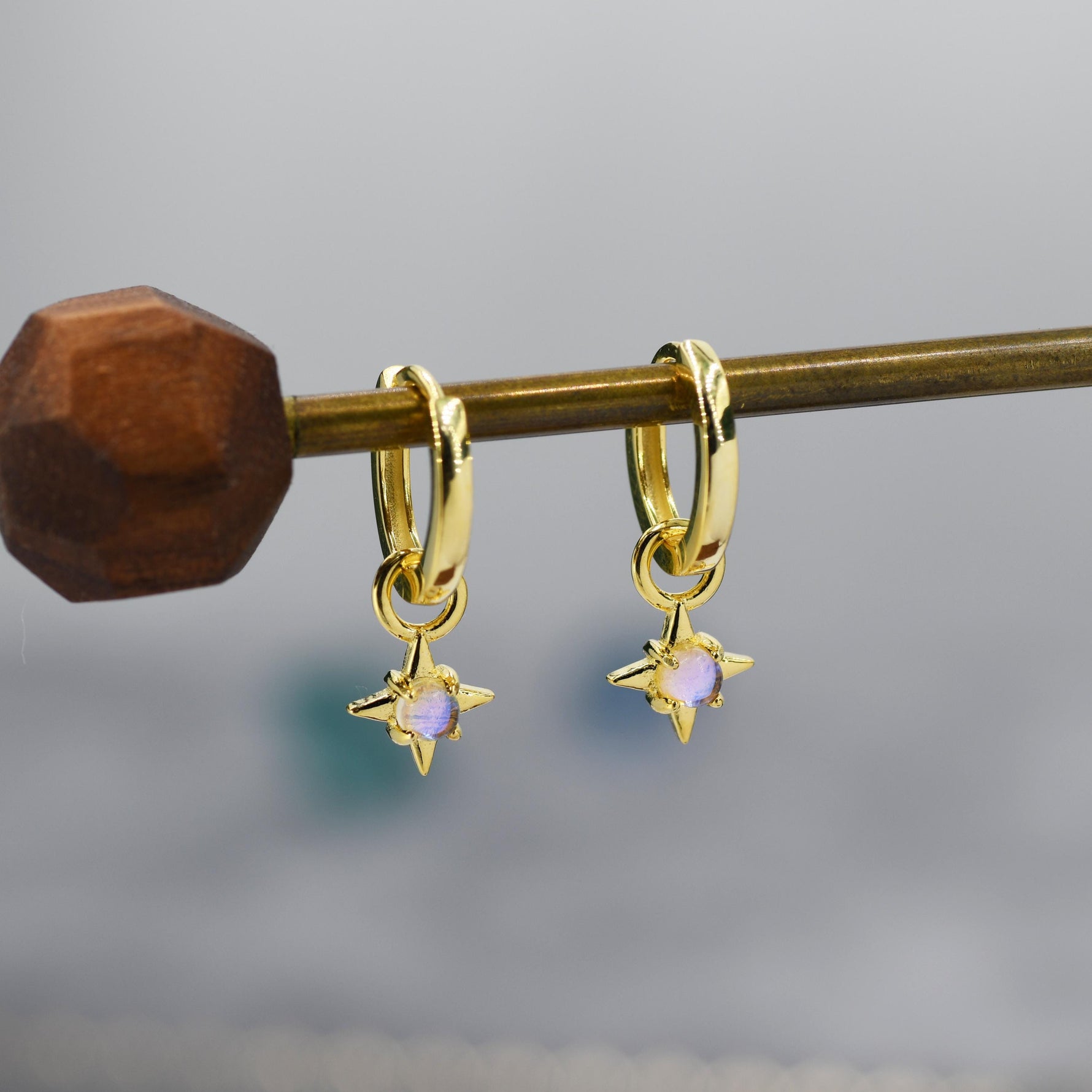 Tiny Moonstone Starburst Huggie Hoop Earrings in Sterling Silver, Silver or Gold, Detachable Charms, Moonstone North Star Drop Earrings