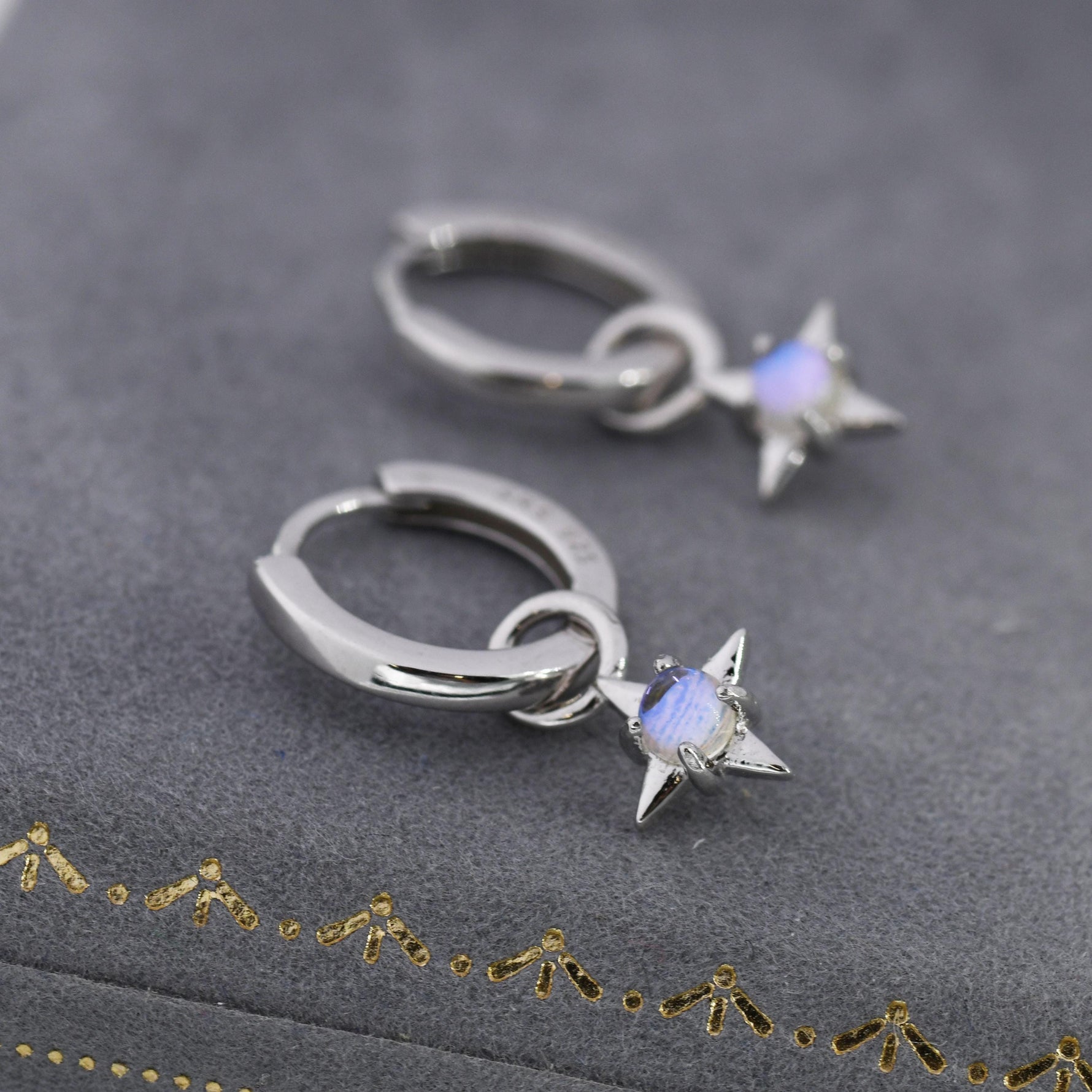 Tiny Moonstone Starburst Huggie Hoop Earrings in Sterling Silver, Silver or Gold, Detachable Charms, Moonstone North Star Drop Earrings