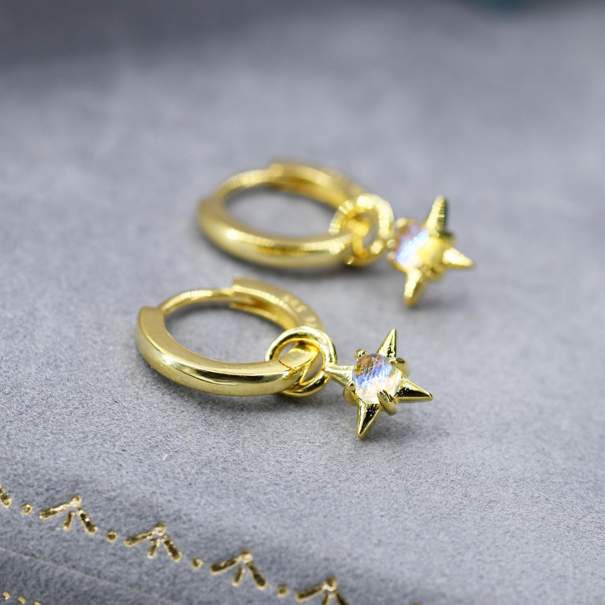Tiny Moonstone Starburst Huggie Hoop Earrings in Sterling Silver, Silver or Gold, Detachable Charms, Moonstone North Star Drop Earrings