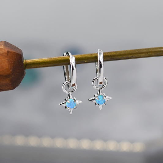 Tiny Blue Opal Starburst Huggie Hoop Earrings in Sterling Silver, Silver or Gold, Detachable Charms, Lab Opal North Star Drop Earrings