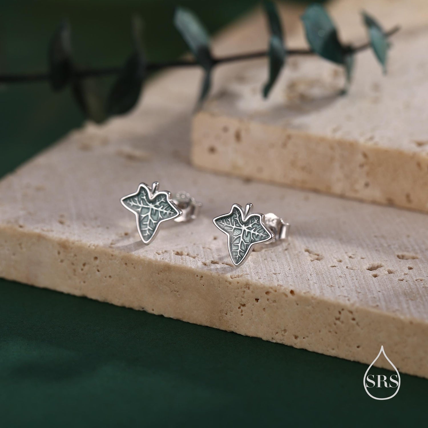 Enamel Ivy Leaf Stud Earrings in Sterling Silver, Nature Inspired Leaf Earrings