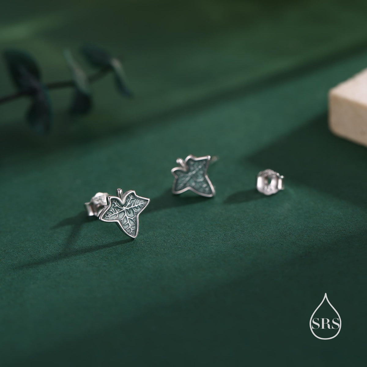 Enamel Ivy Leaf Stud Earrings in Sterling Silver, Nature Inspired Leaf Earrings