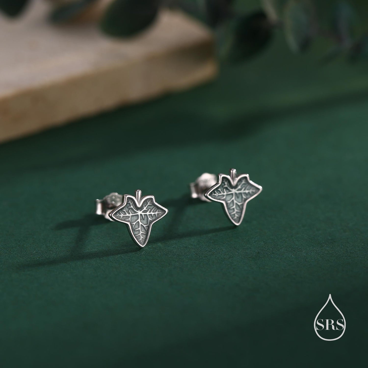 Enamel Ivy Leaf Stud Earrings in Sterling Silver, Nature Inspired Leaf Earrings