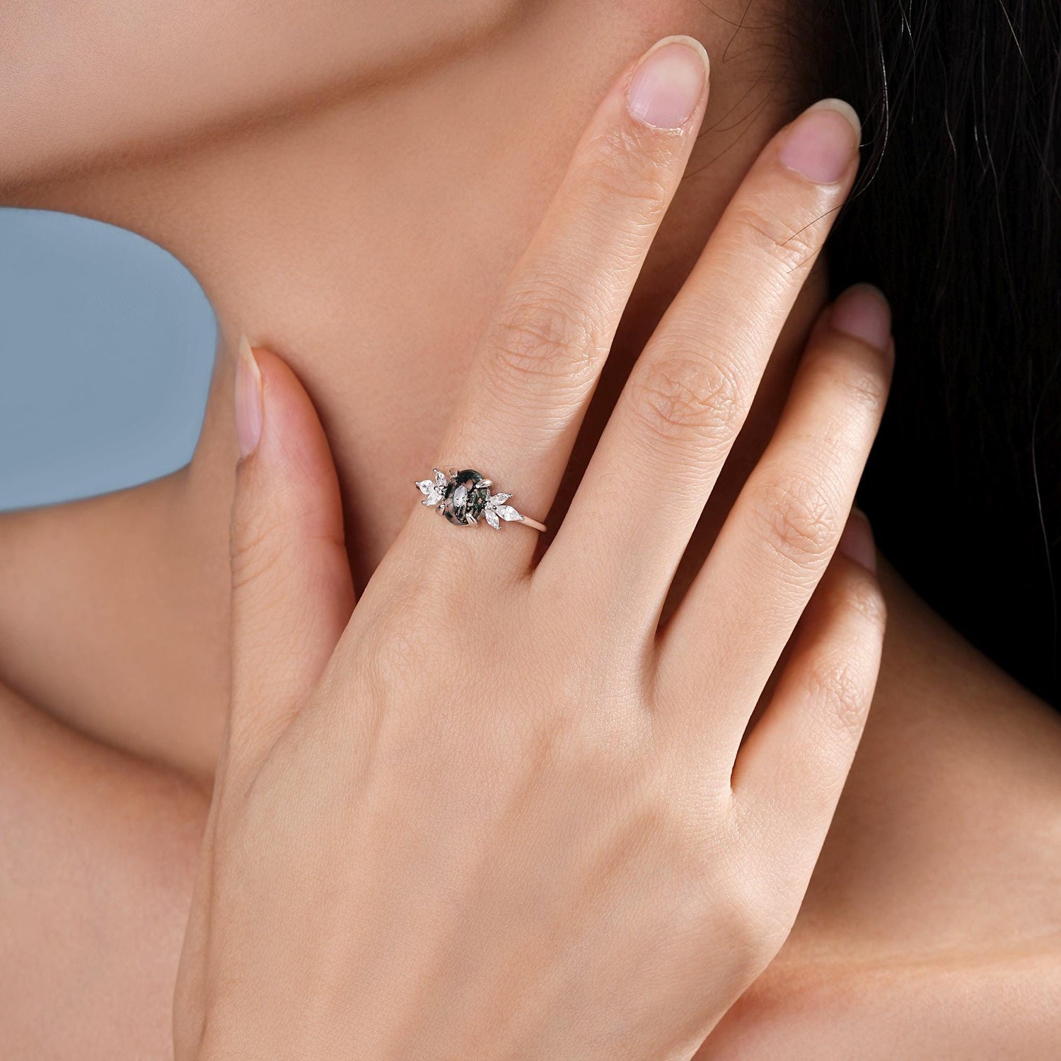 Oval Cabochon Moss Agate with CZ Engagement Ring in Sterling Silver, US Size 5 6 7 8, Oval Cut Shape Moss Agate Ring
