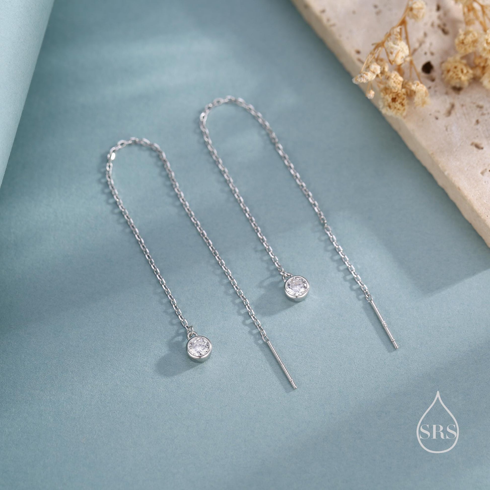 CZ Dot Threader Earrings in Sterling Silver, Silver or Gold, Minimalist Double Piercing Ear Threaders, April Birthstone, Very Long Threaders