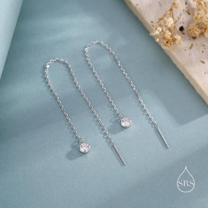 CZ Dot Threader Earrings in Sterling Silver, Silver or Gold, Minimalist Double Piercing Ear Threaders, April Birthstone, Very Long Threaders