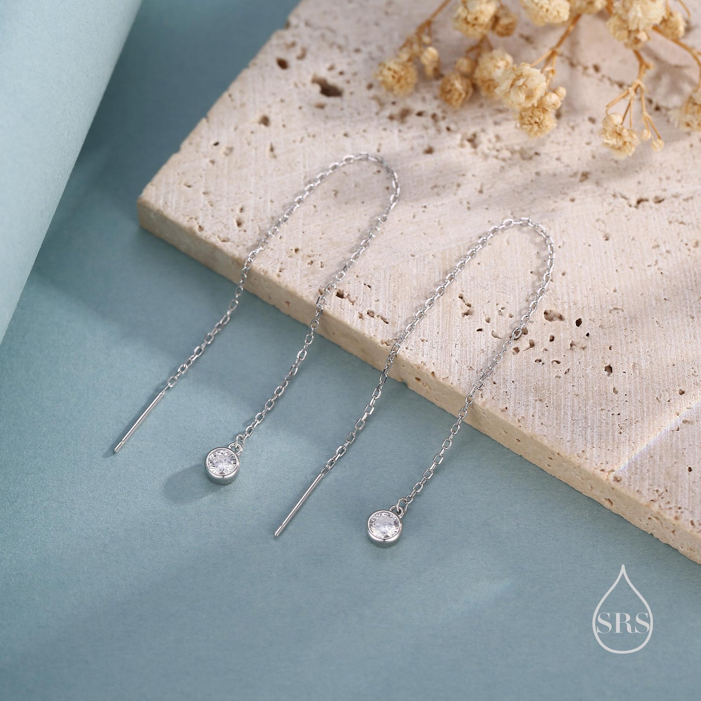 CZ Dot Threader Earrings in Sterling Silver, Silver or Gold, Minimalist Double Piercing Ear Threaders, April Birthstone, Very Long Threaders
