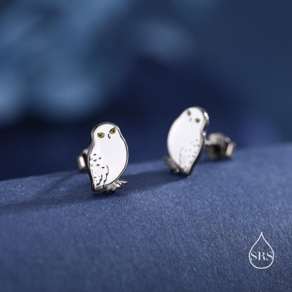 Sterling Silver Snowy Owl Bird Stud Earrings, Black Rhodium Coated Owl Bird Earrings, Nature Inspired Animal Earrings, Owl Stud