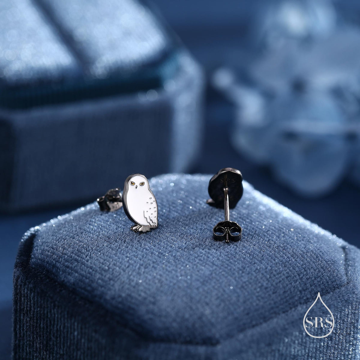 Sterling Silver Snowy Owl Bird Stud Earrings, Black Rhodium Coated Owl Bird Earrings, Nature Inspired Animal Earrings, Owl Stud