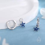 Sapphire Blue Flower CZ Huggie Hoop in Sterling Silver, Silver or Gold, Minimalist Simple Hoop Earrings, Detachable and Interchangeable