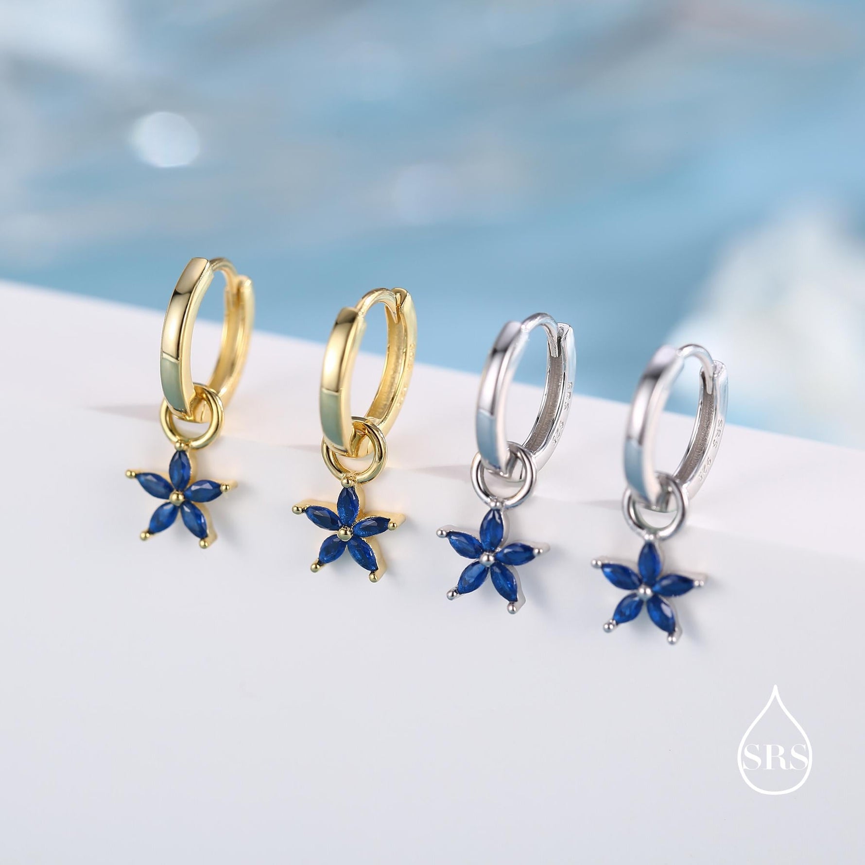 Sapphire Blue Flower CZ Huggie Hoop in Sterling Silver, Silver or Gold, Minimalist Simple Hoop Earrings, Detachable and Interchangeable