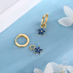 Sapphire Blue Flower CZ Huggie Hoop in Sterling Silver, Silver or Gold, Minimalist Simple Hoop Earrings, Detachable and Interchangeable
