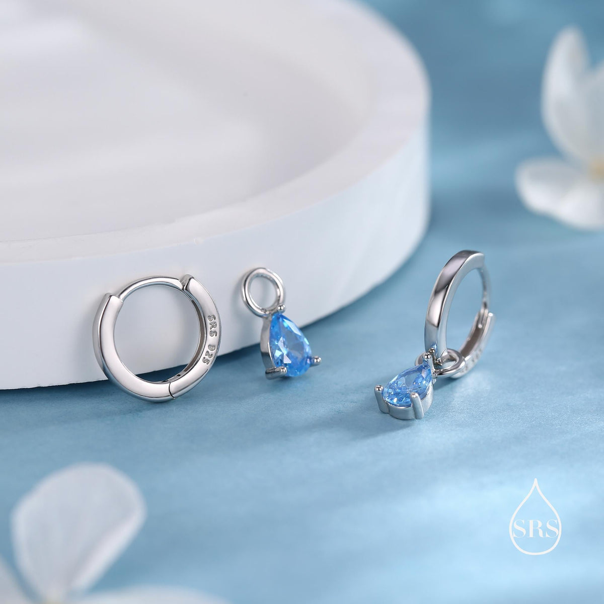 Sterling Silver Aquamarine Blue Pear Cut CZ Hoop Earrings, Droplet Dangle Hoop Earrings, Interchangeable Charm, March Birthstone