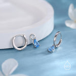 Sterling Silver Aquamarine Blue Pear Cut CZ Hoop Earrings, Droplet Dangle Hoop Earrings, Interchangeable Charm, March Birthstone