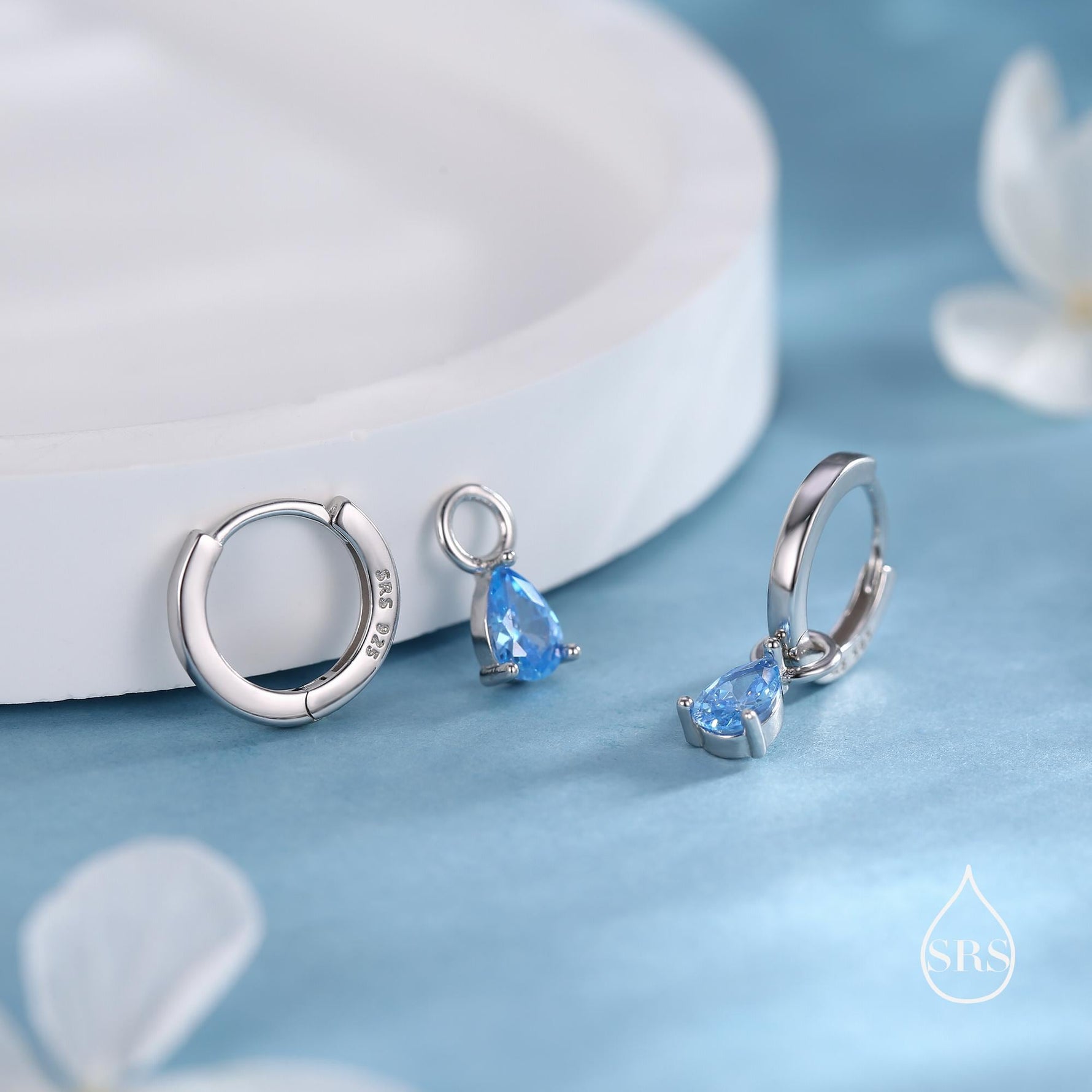 Sterling Silver Aquamarine Blue Pear Cut CZ Hoop Earrings, Droplet Dangle Hoop Earrings, Interchangeable Charm, March Birthstone