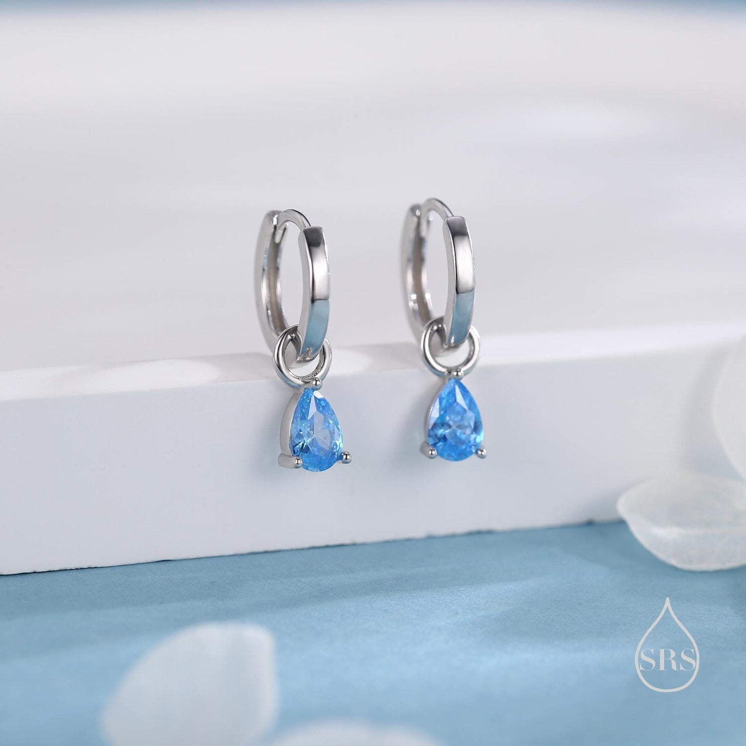 Sterling Silver Aquamarine Blue Pear Cut CZ Hoop Earrings, Droplet Dangle Hoop Earrings, Interchangeable Charm, March Birthstone