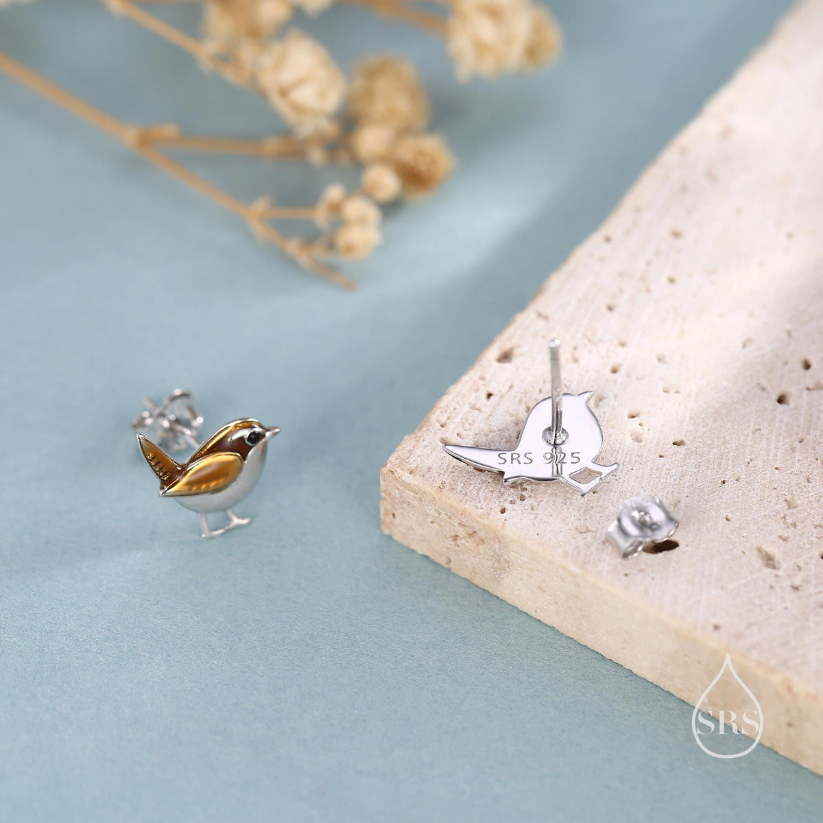 Sterling Silver Tiny Wren Bird Stud Earrings Earrings, Silver Wren Earrings, Cute Sparrow Earrings