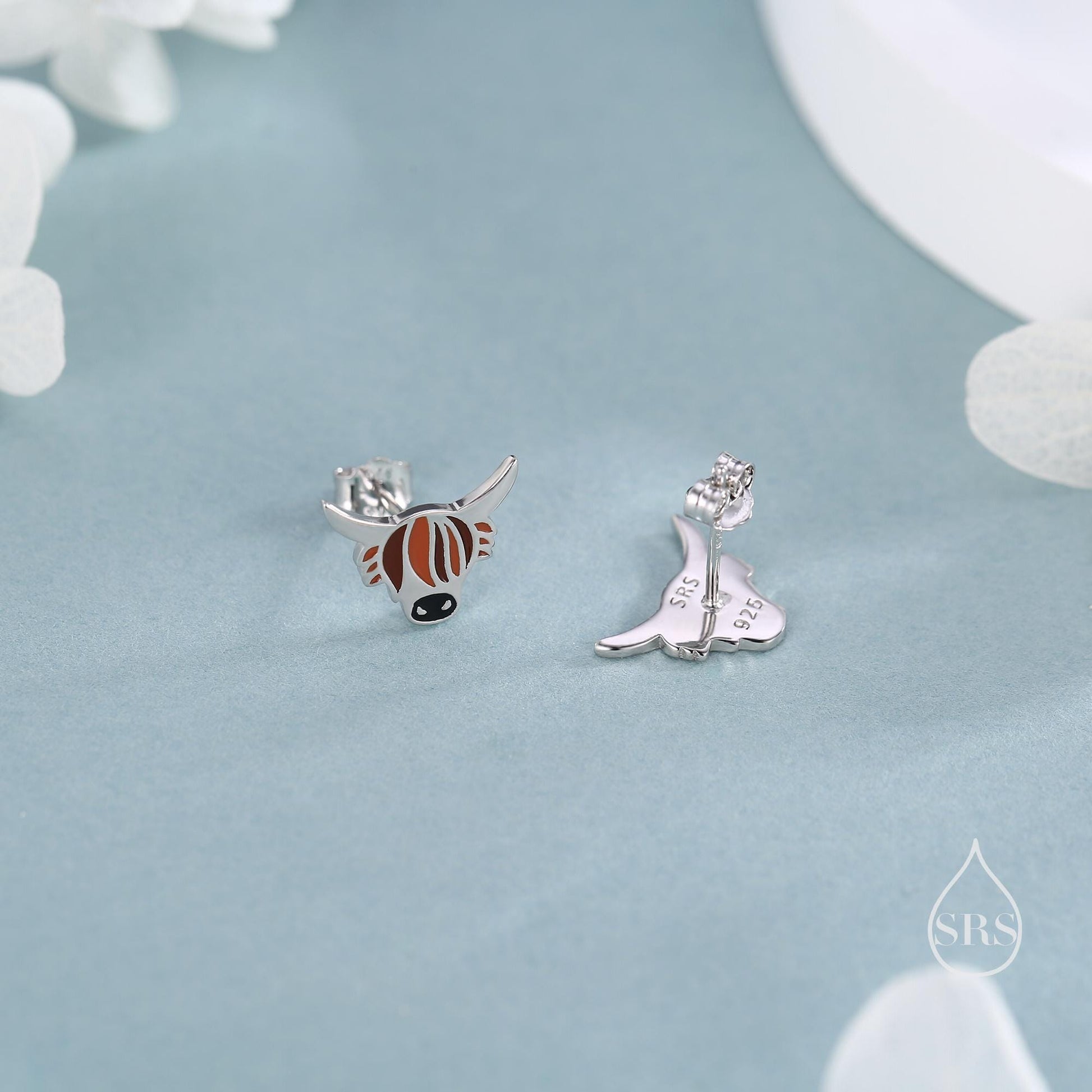Enamel Highland Cow Stud Earrings in Sterling Silver, Highland Bull Earrings, Cow Earrings, Scottish Design