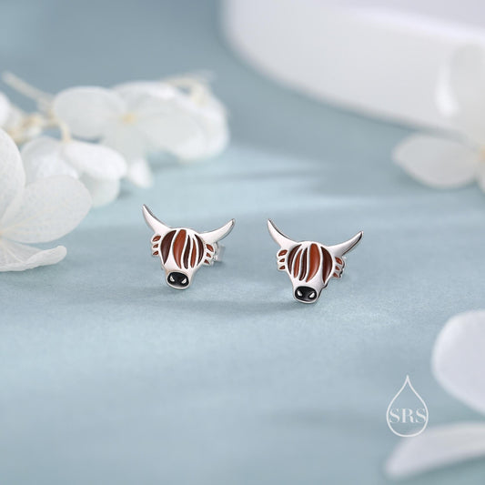 Enamel Highland Cow Stud Earrings in Sterling Silver,  Highland Bull Earrings, Cow Earrings, Scottish Design