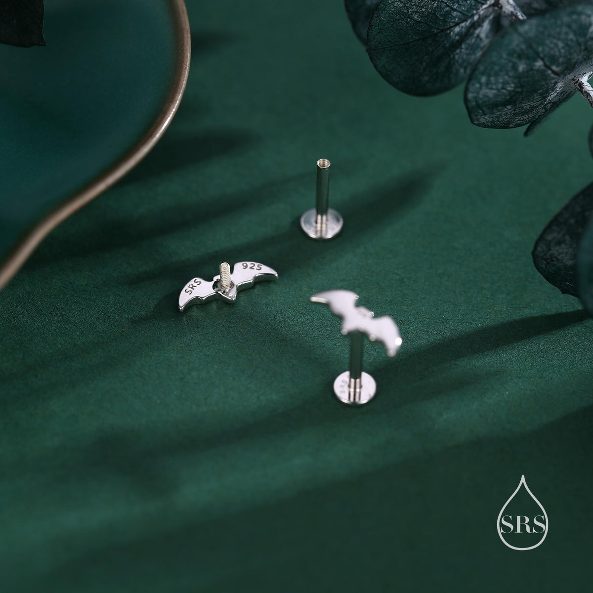 Tiny Bat 16G Internally Threaded Flat Back Earrings in Sterling Silver, Animal Earrings