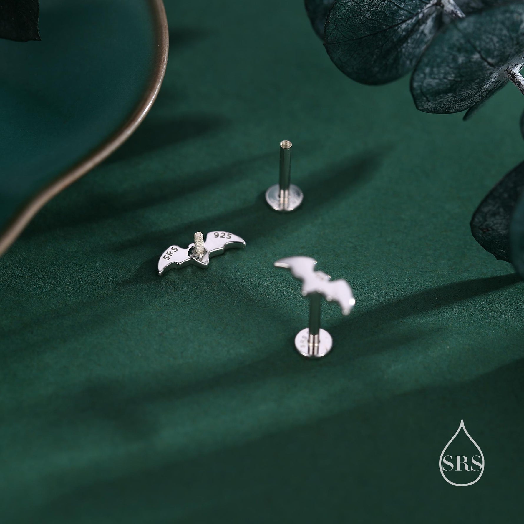 Tiny Bat 16G Internally Threaded Flat Back Earrings in Sterling Silver, Animal Earrings