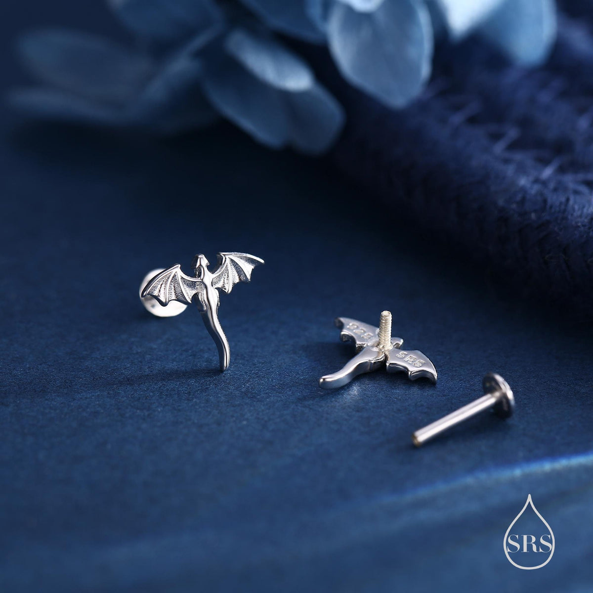 Extra Tiny Dragon 16G Internally Threaded Flat Back Earrings in Sterling Silver